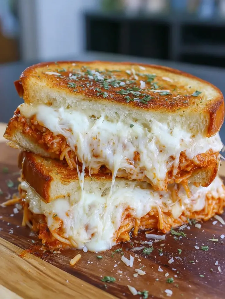 A grilled cheese sandwich with spaghetti on top.