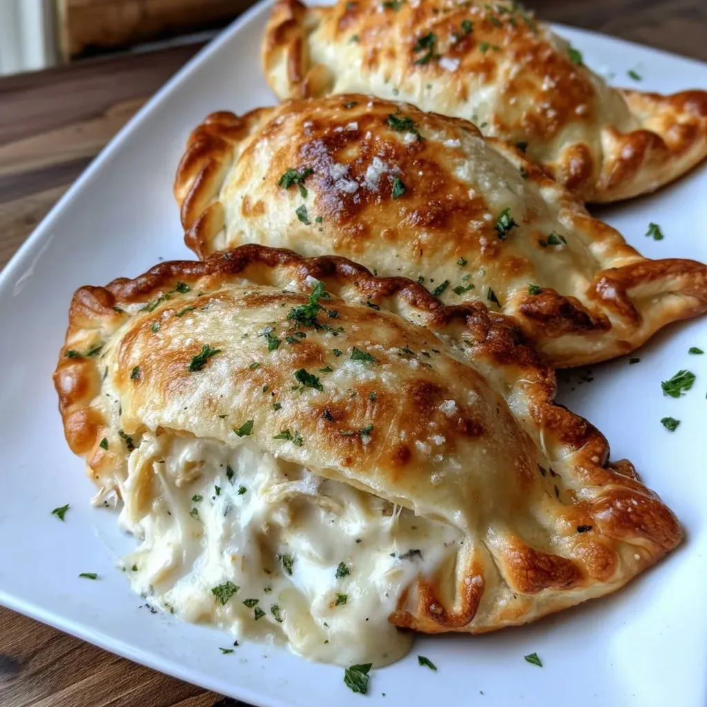 Three crispy cheesy chicken alfredo calzones on a plate.
