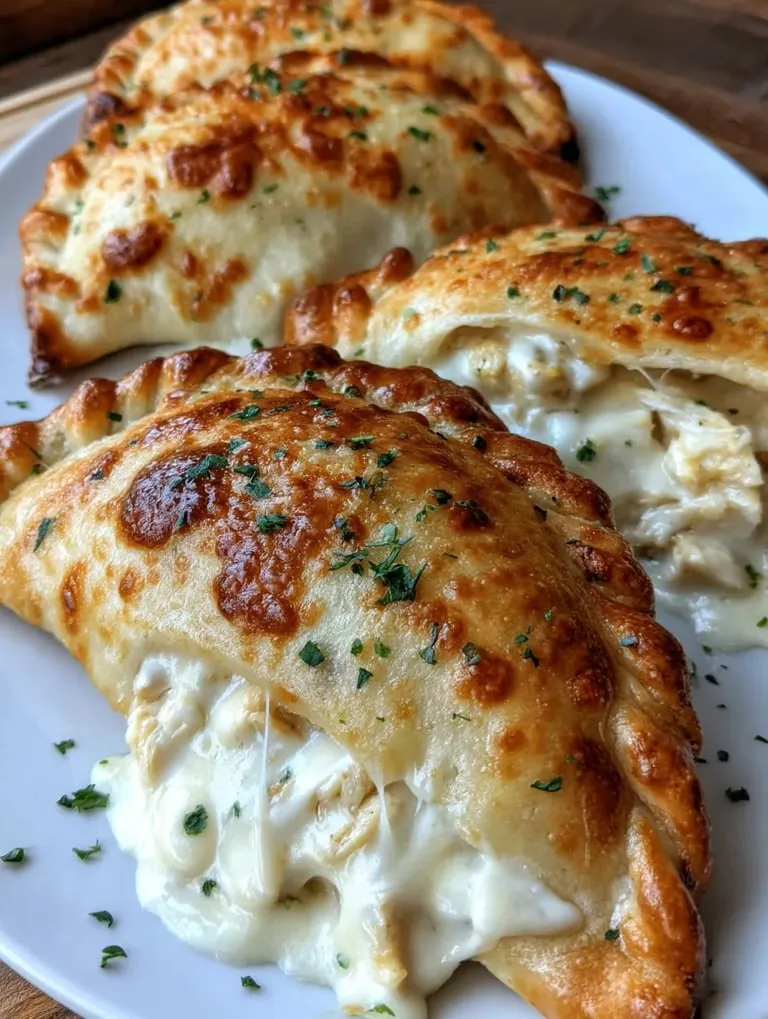 Three pieces of crispy cheesy chicken alfredo calzones.