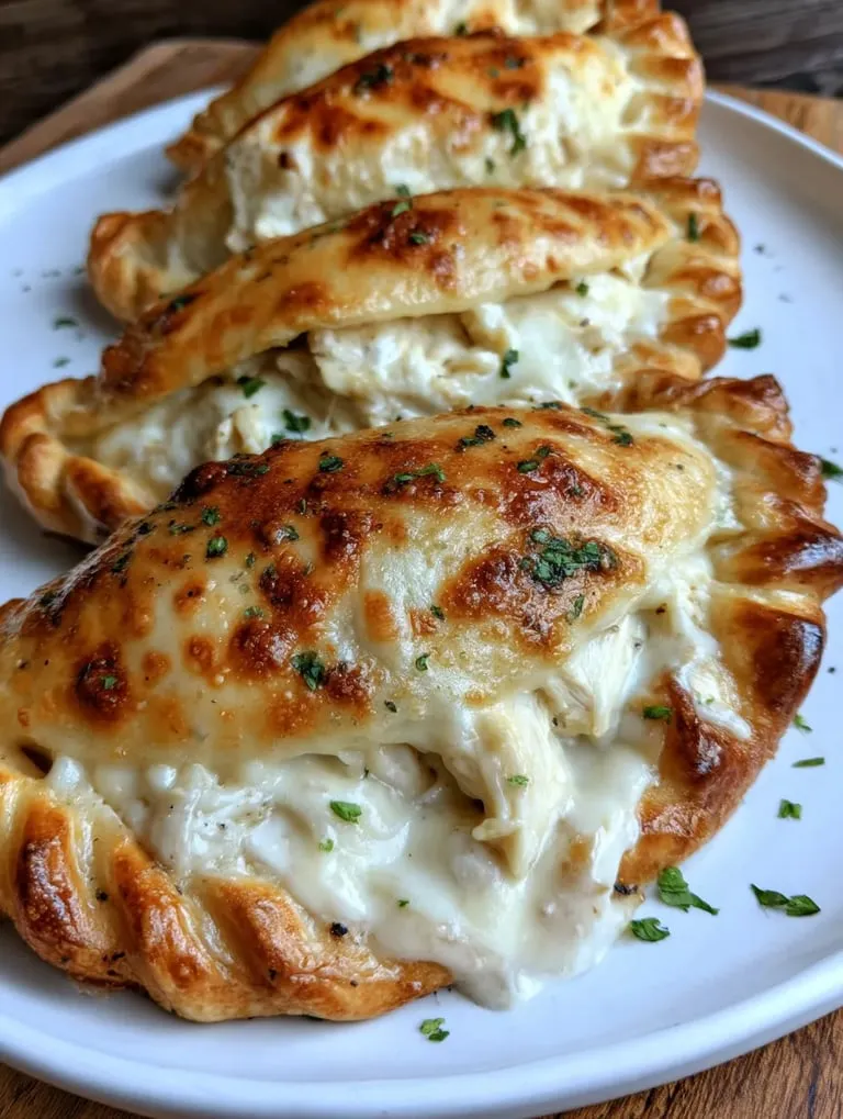 Three pieces of crispy cheesy chicken Alfredo calzones.
