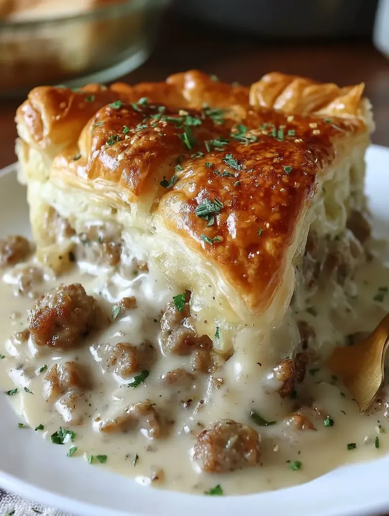 A sausage gravy puff pie on a plate.