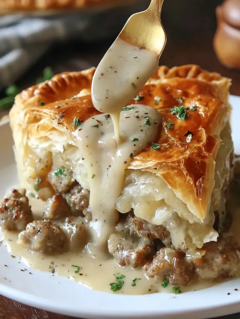 A close up of a sausage gravy puff pie.