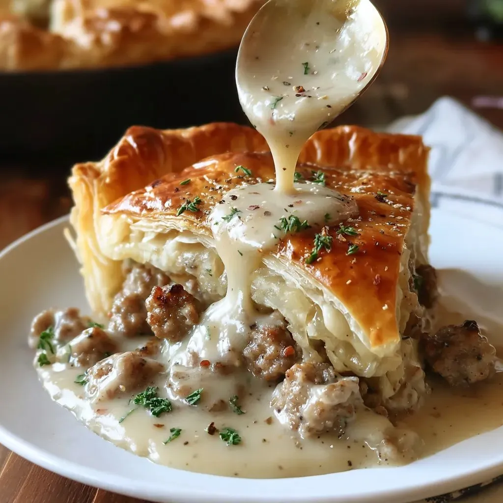 A white plate with a sausage gravy puff pie.