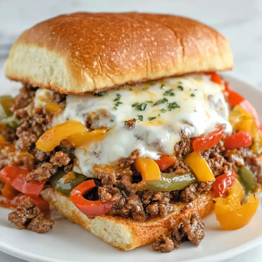 A sloppy joe sandwich with peppers and cheese.