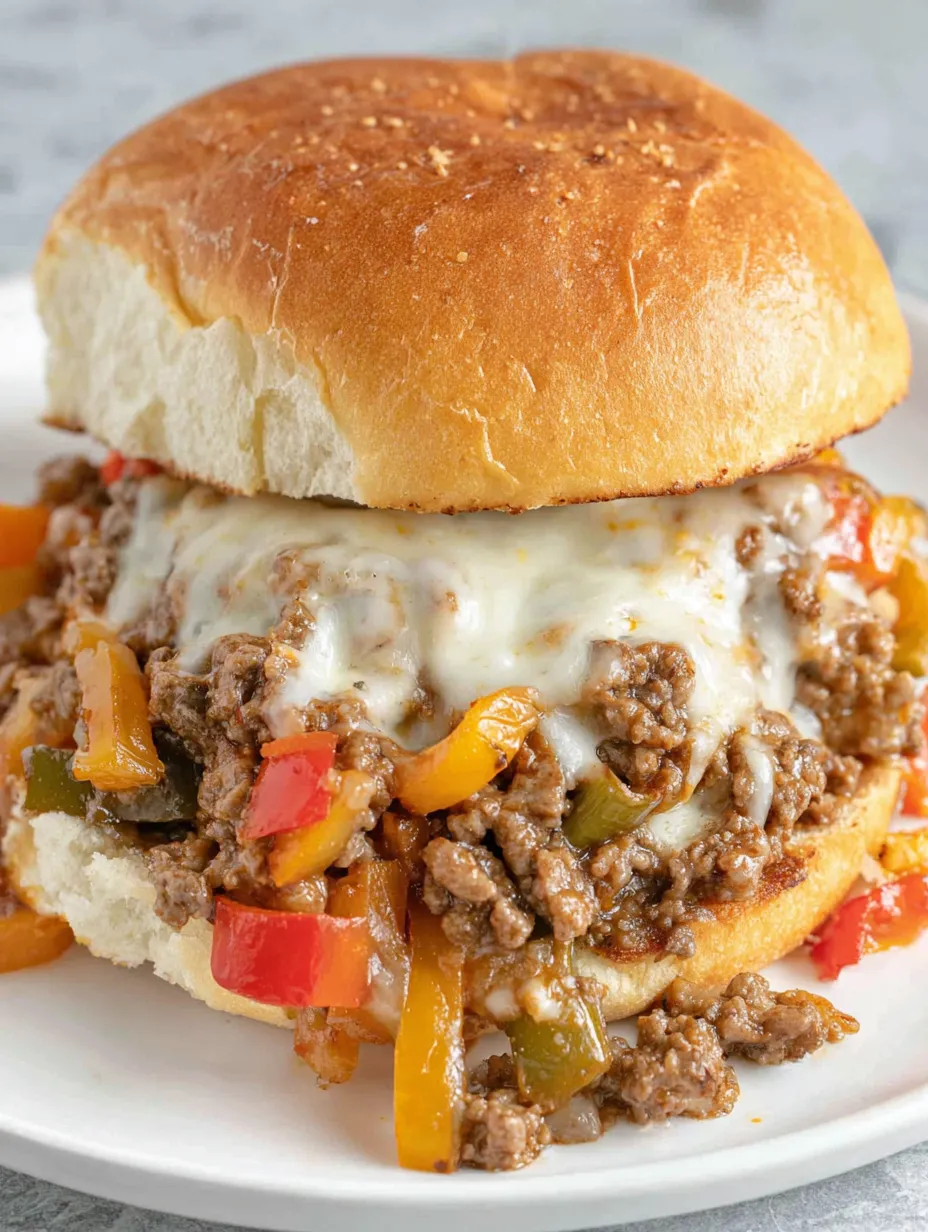 A sloppy joe sandwich with peppers and cheese.