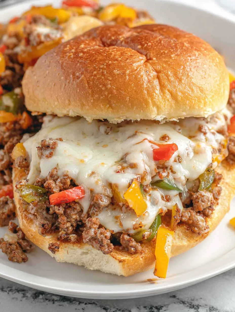 A sloppy joe sandwich with cheese and peppers.