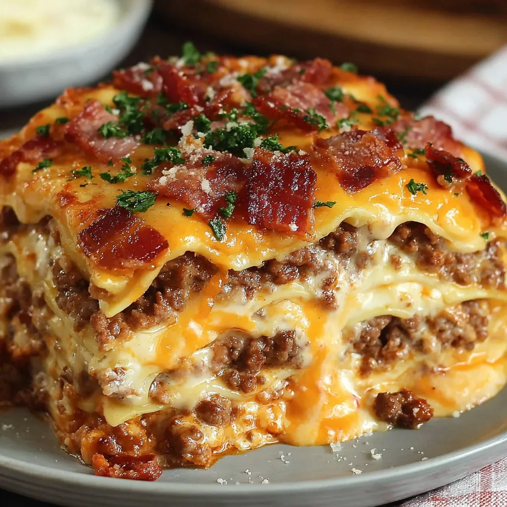 A delicious looking cheeseburger lasagna.