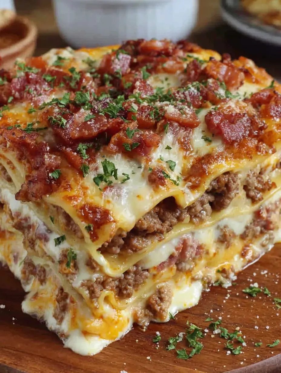 A close up of a cheeseburger lasagna.