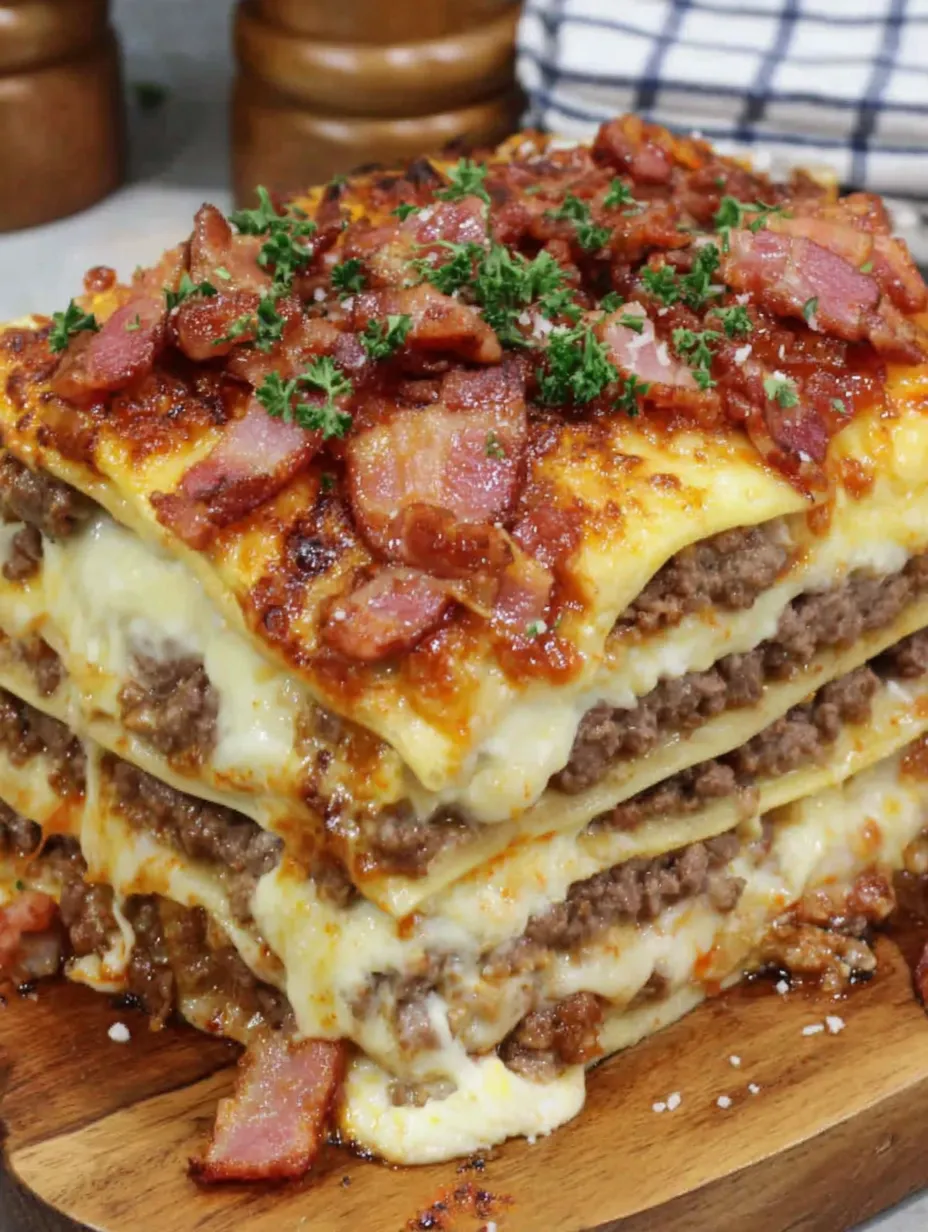 A stack of cheeseburger lasagna.