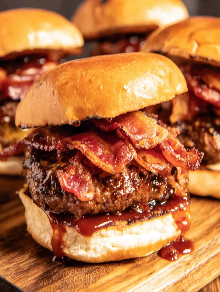 A juicy elk burger with bacon and BBQ sauce.