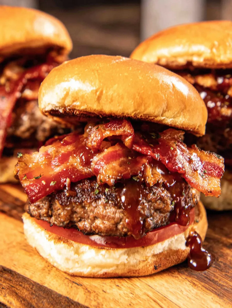 Two juicy elk burgers with bacon and BBQ sauce.