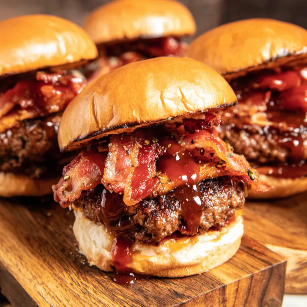 Two juicy elk burgers with bacon and barbecue sauce.
