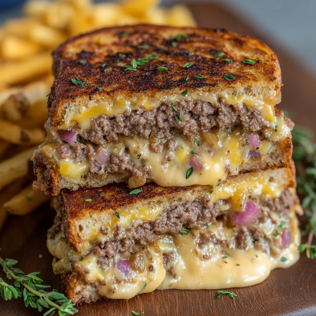 A sandwich with cheese and onions on a plate.