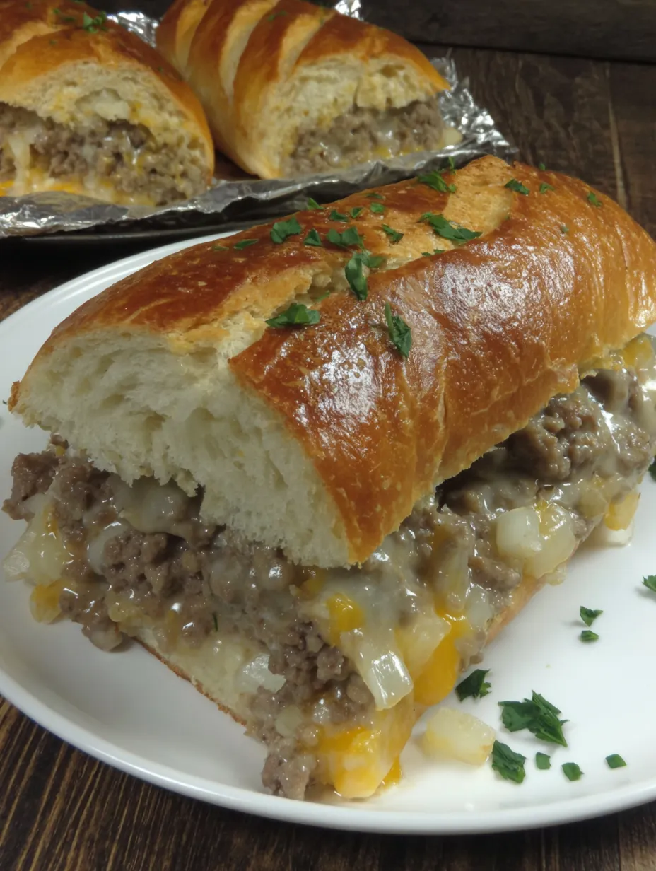 A sandwich with meat and cheese on a white plate.