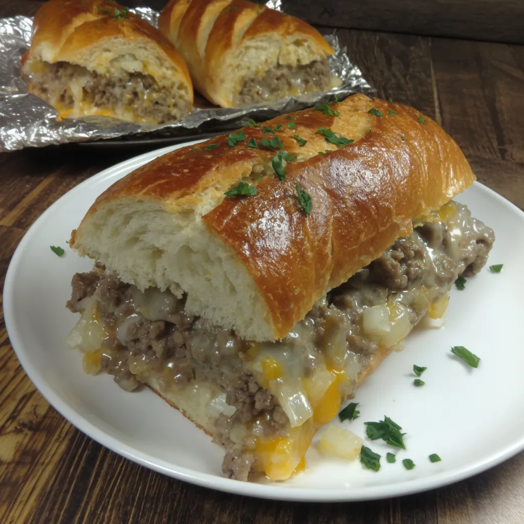A sandwich with meat and cheese on a white plate.