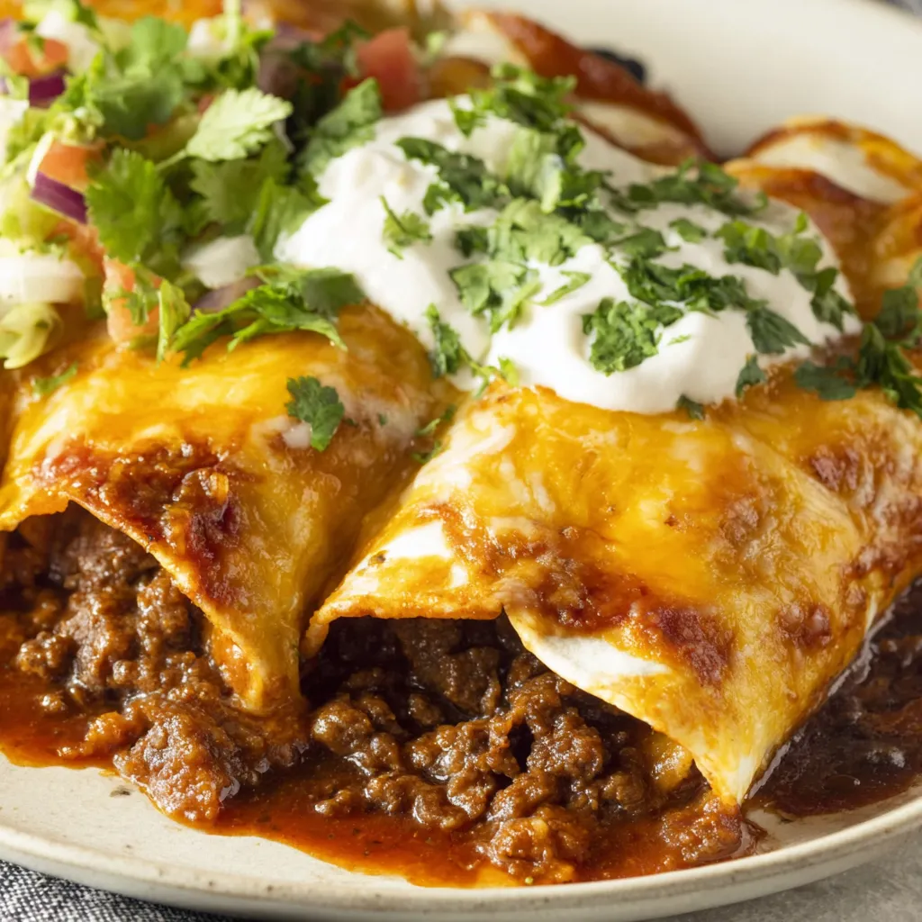A plate of beef enchiladas with white cheese and green onions.