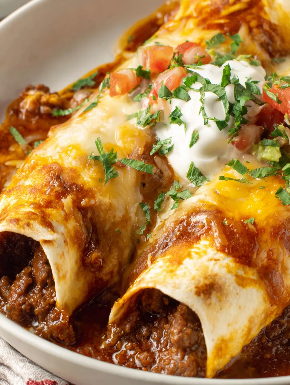 A plate of beef enchiladas with tomatoes and cheese.