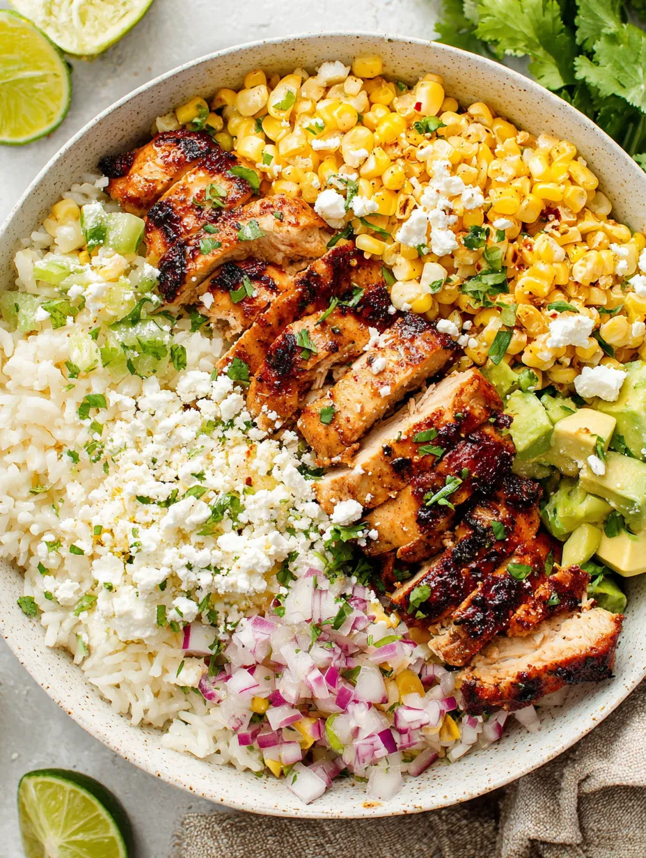 A plate of food with chicken, rice, corn, and onions.