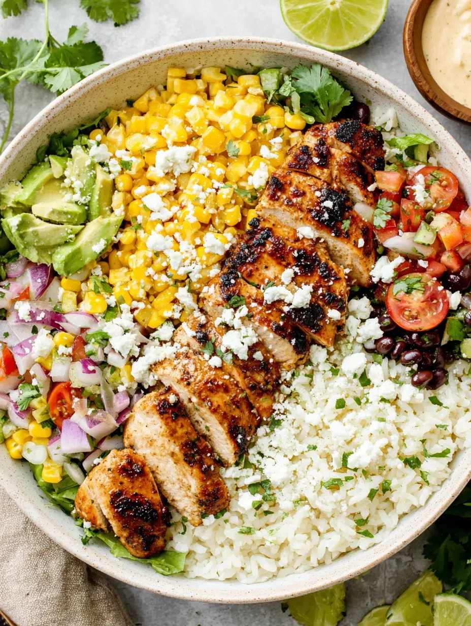 A bowl of food with chicken, rice, and vegetables.