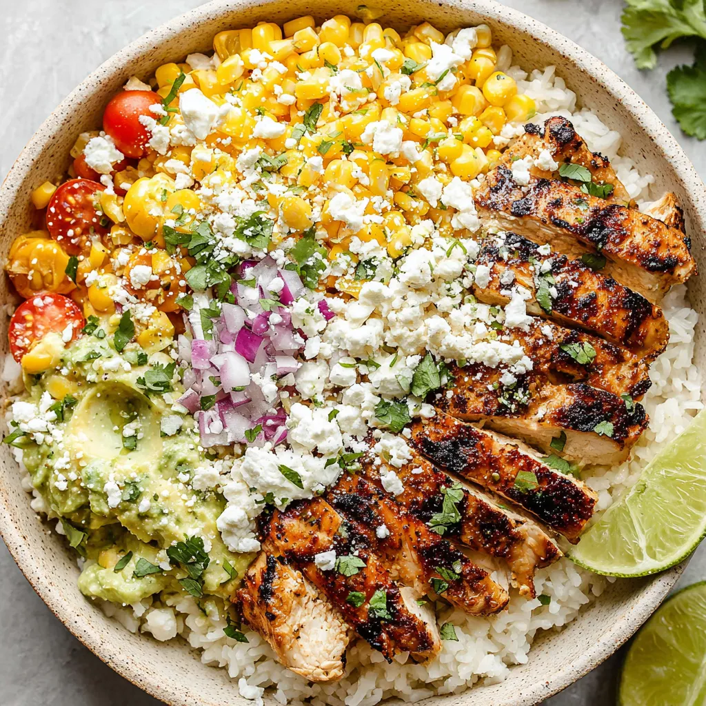 A bowl of food with chicken, rice, corn, and cheese.