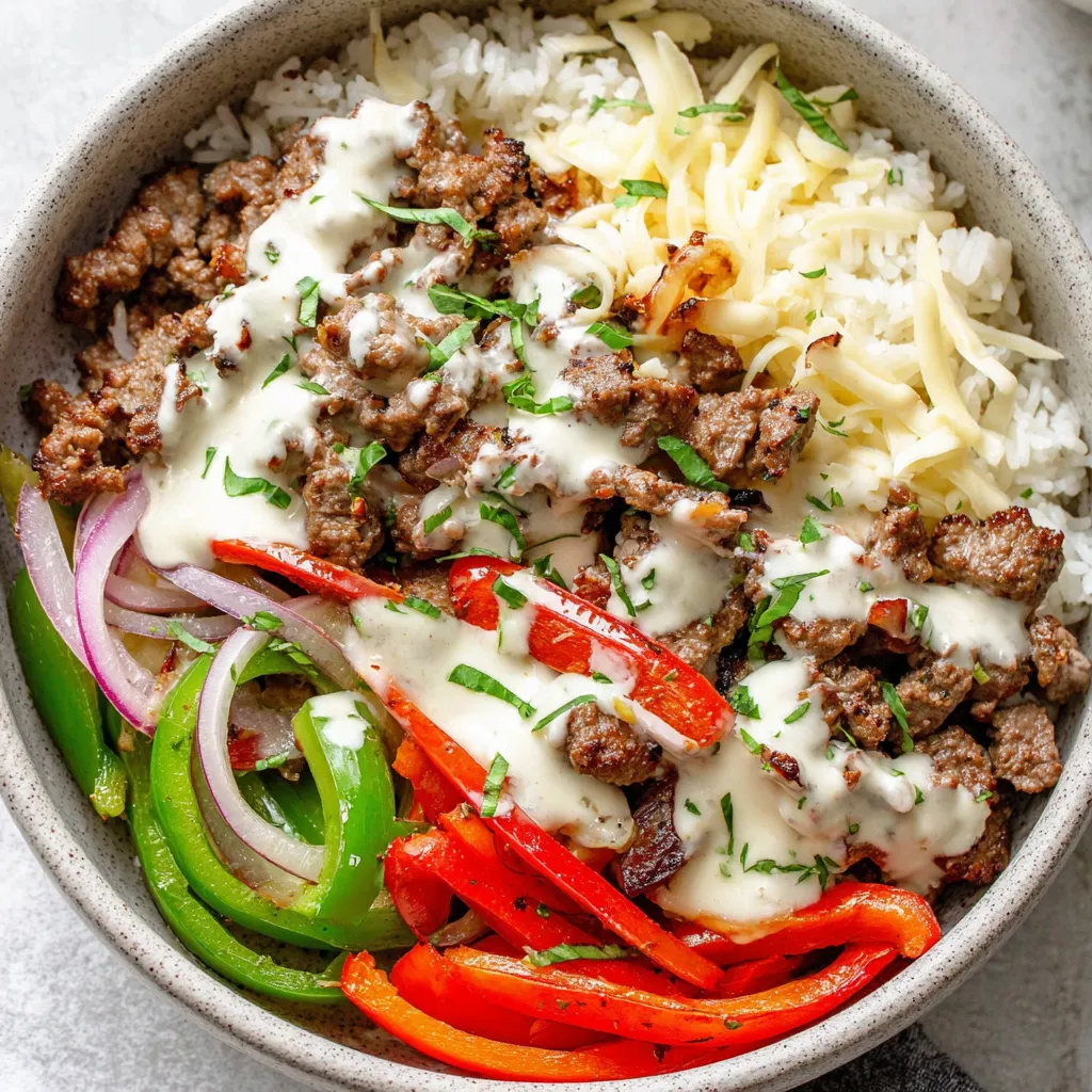 A bowl of food with meat, rice, and vegetables.