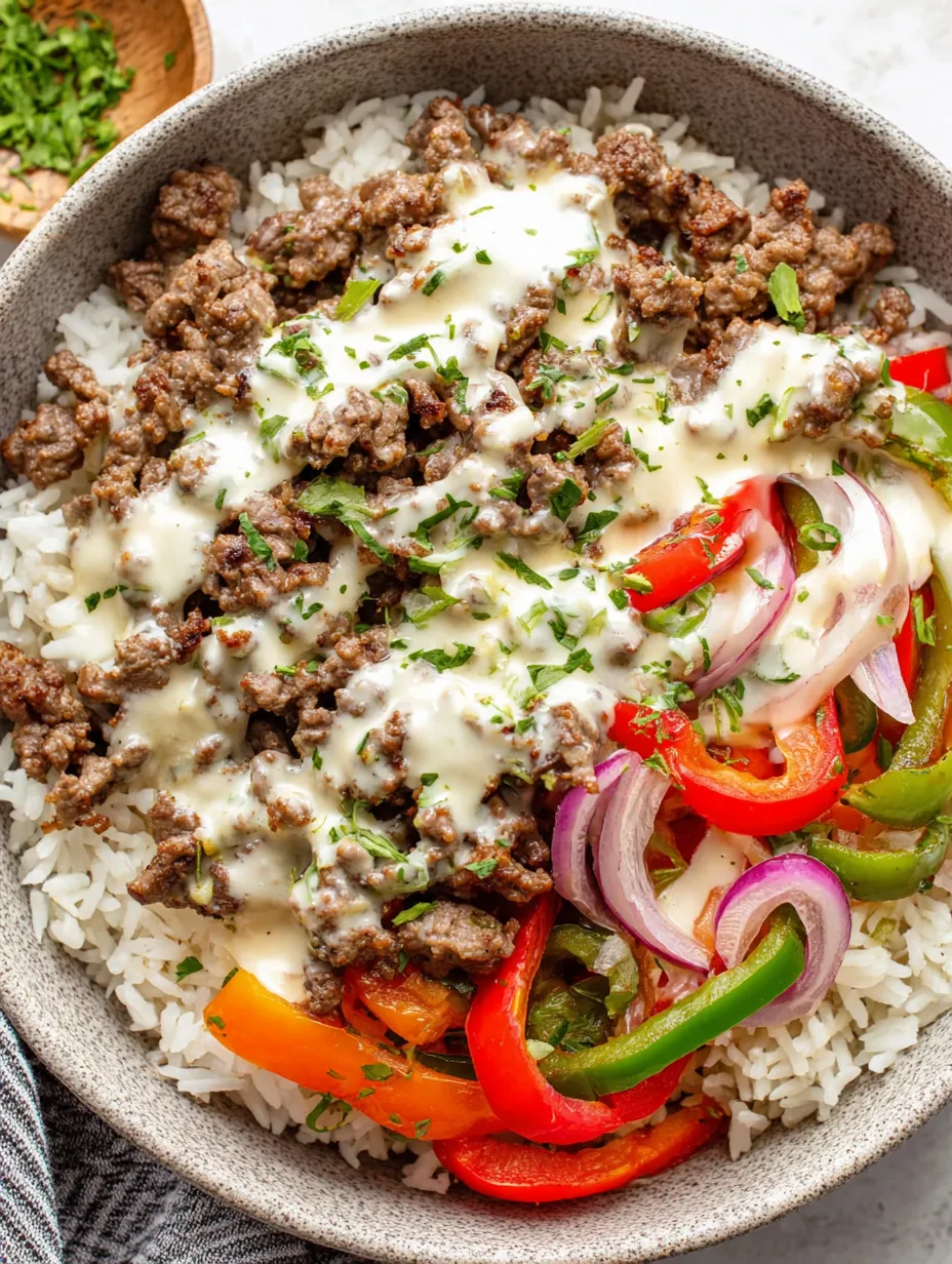 A bowl of meat and vegetables, including peppers and onions, with a white sauce.