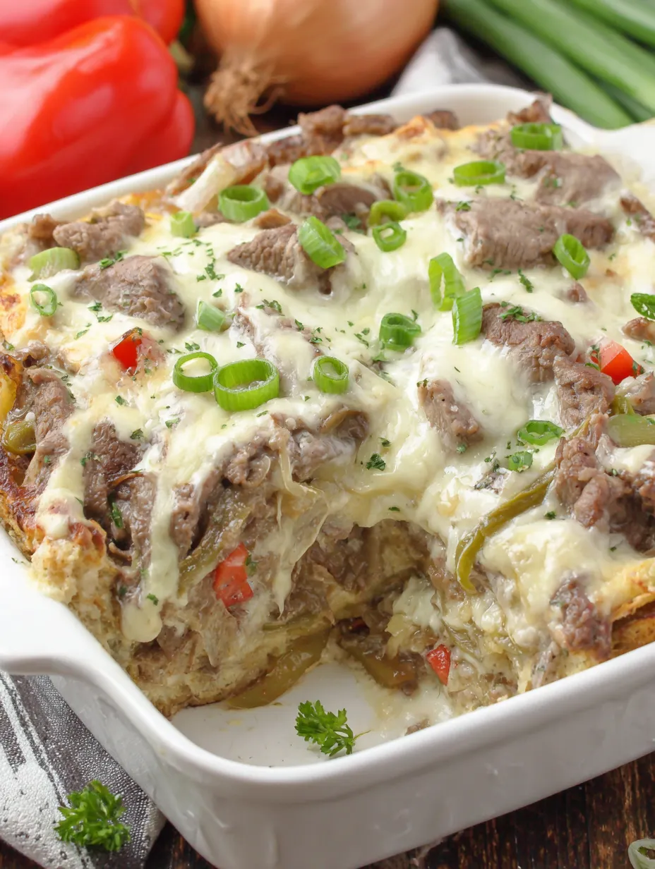 A close up of a Philly Cheesesteak Casserole.