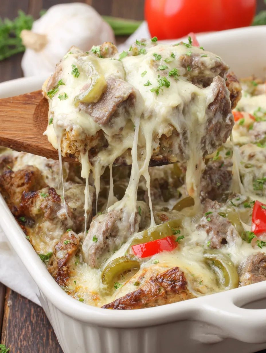 A close up of a cheesesteak casserole with melted cheese.