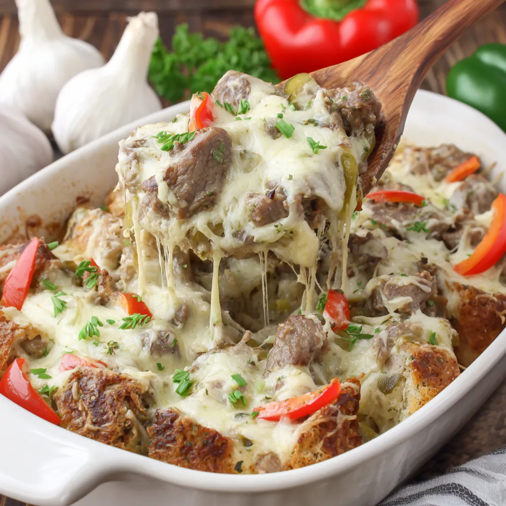 A close up of a delicious Philly Cheesesteak Casserole.