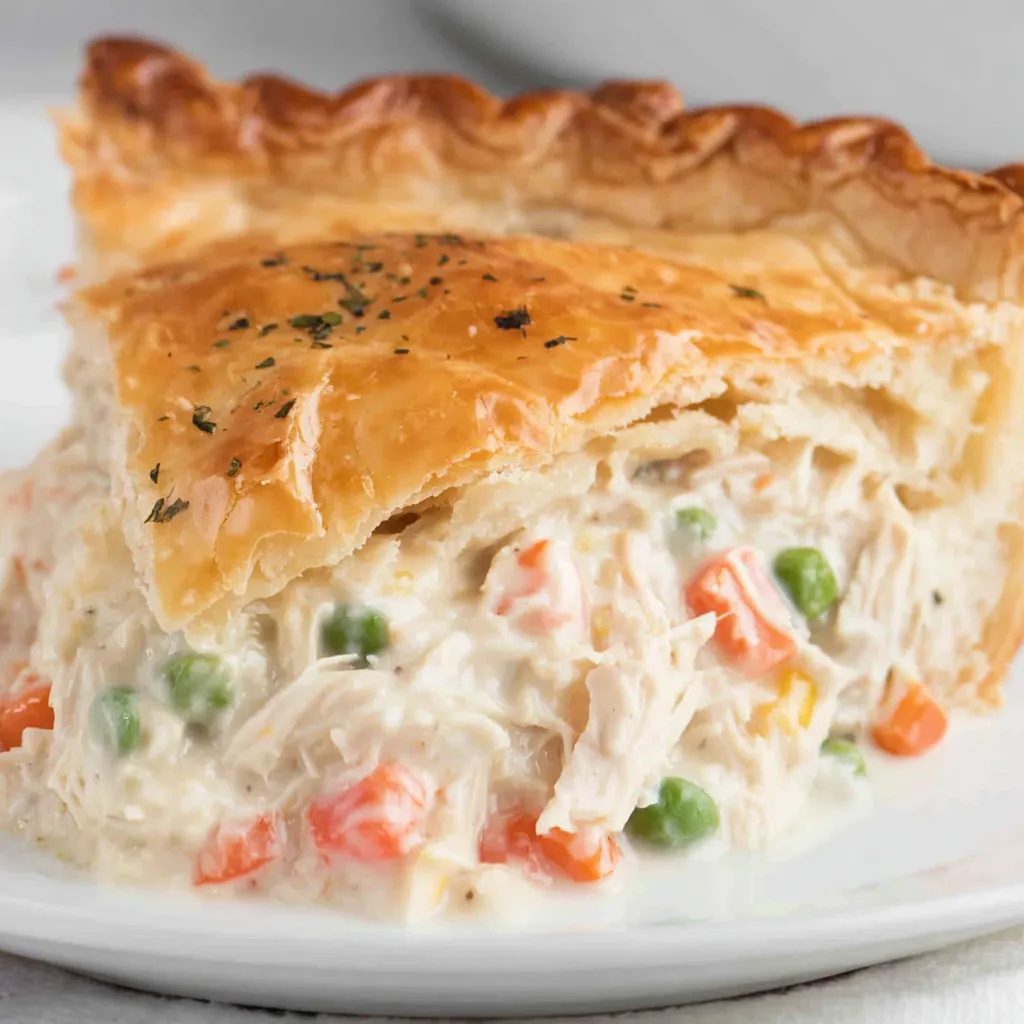 A slice of creamy chicken pot pie.