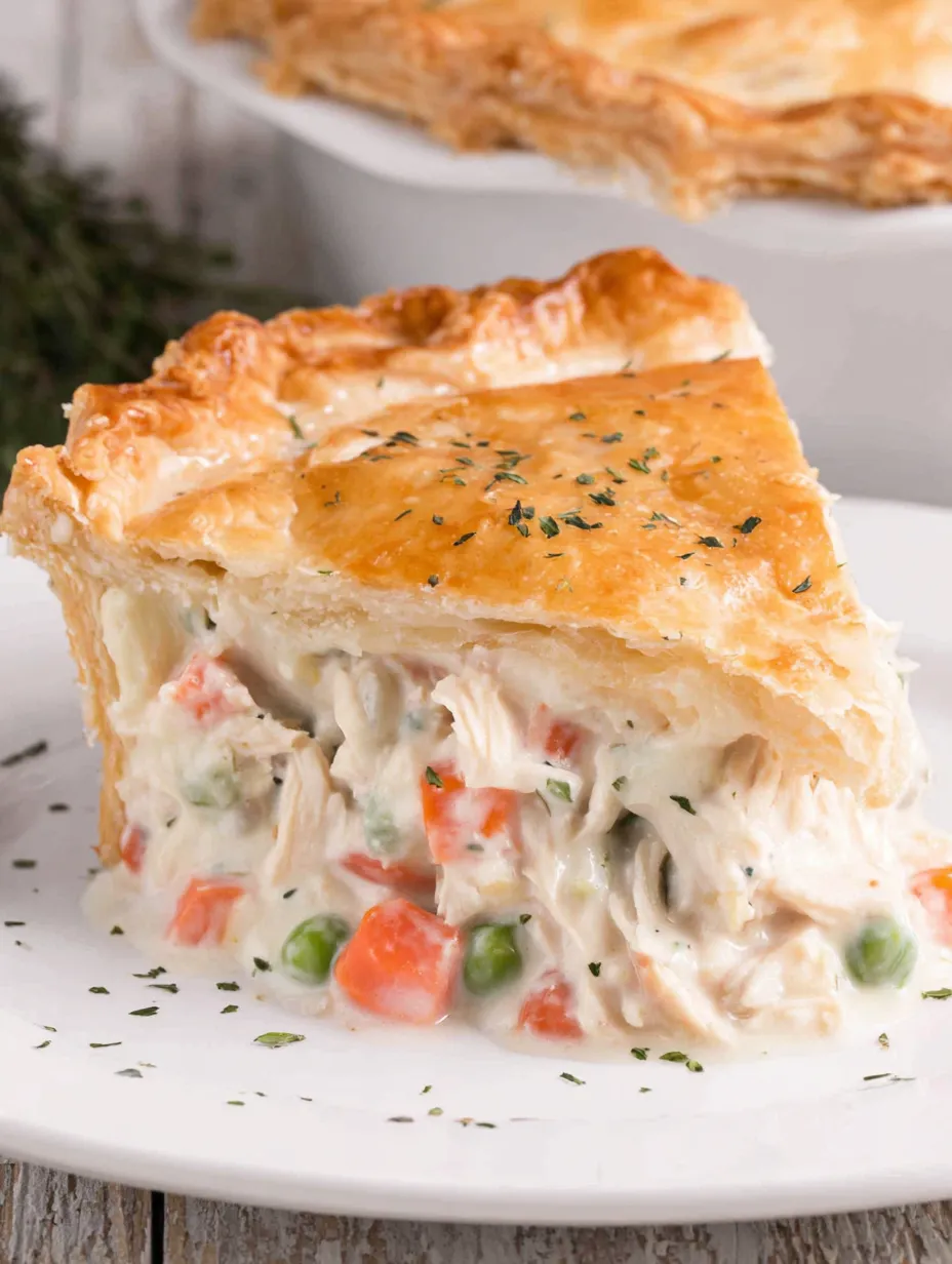 A slice of creamy chicken pot pie.
