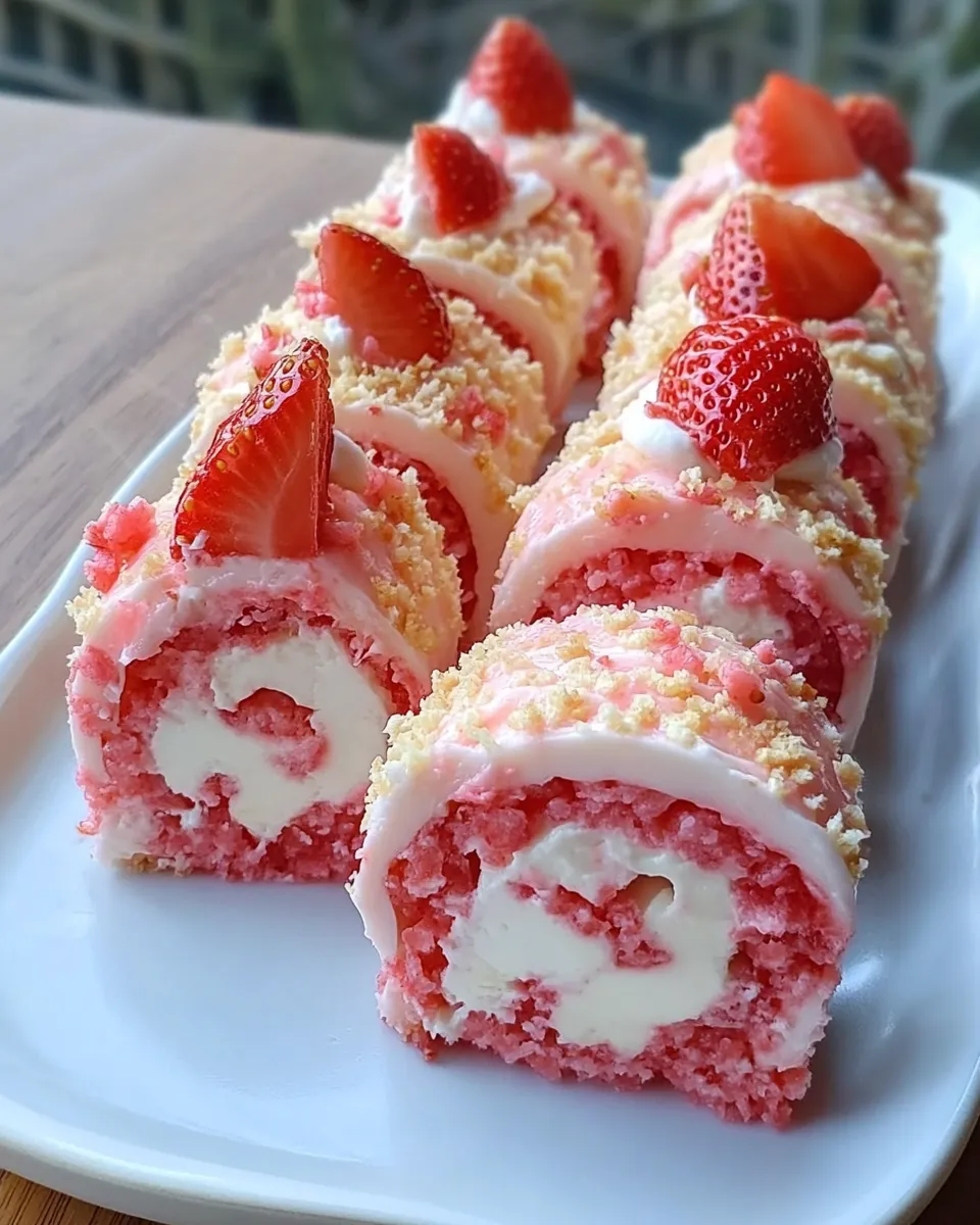 A plate of strawberry shortcake cheesecake rolls.