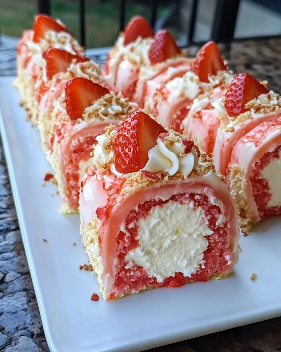 A plate of strawberry shortcake cheesecake rolls.