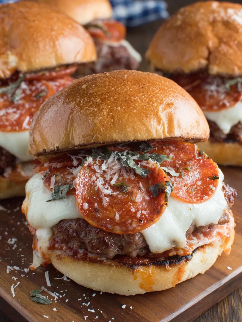 A pepperoni pizza burger with cheese and tomatoes.