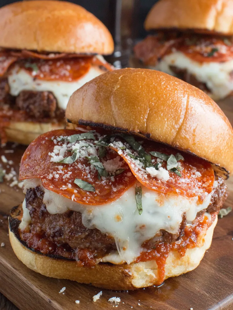 A pepperoni pizza burger with cheese and sauce.