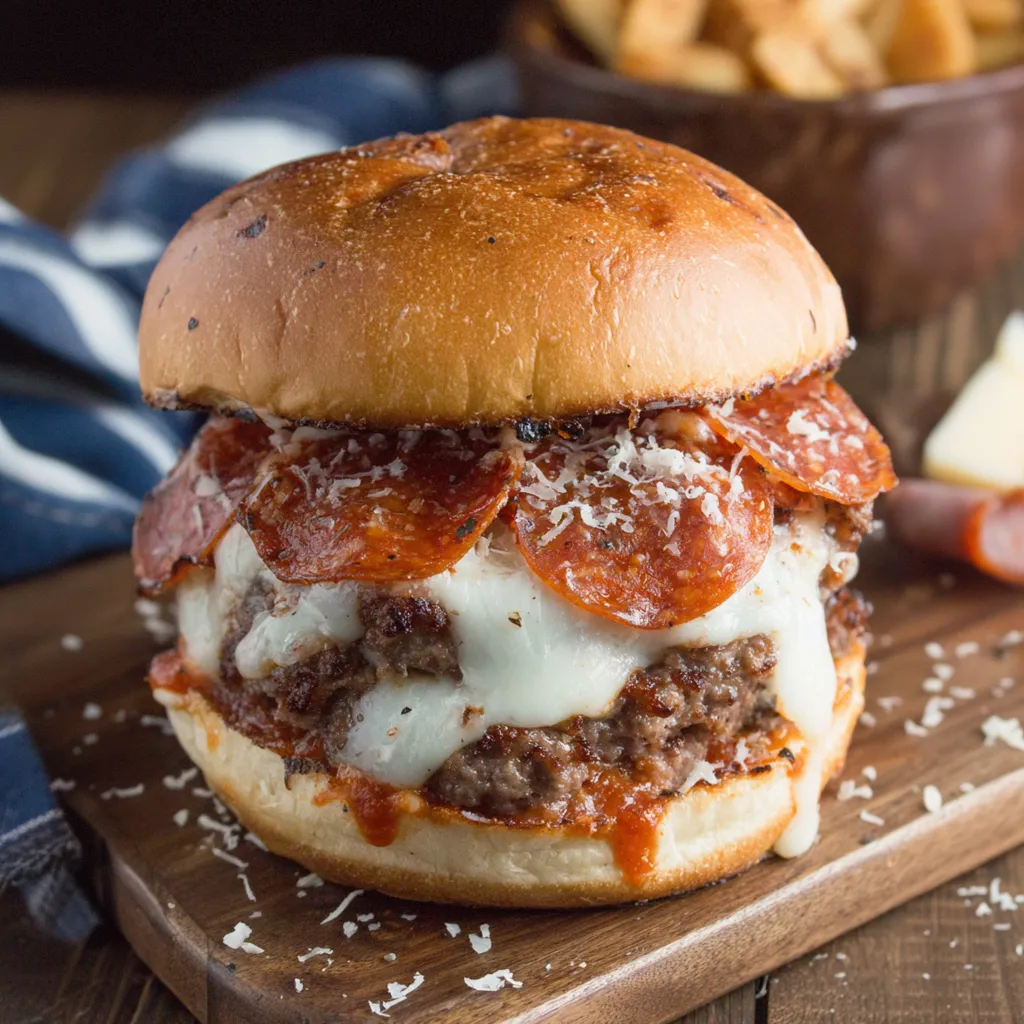 A pepperoni pizza burger with cheese and bacon.