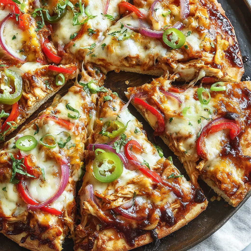 A BBQ chicken pizza with peppers and onions.