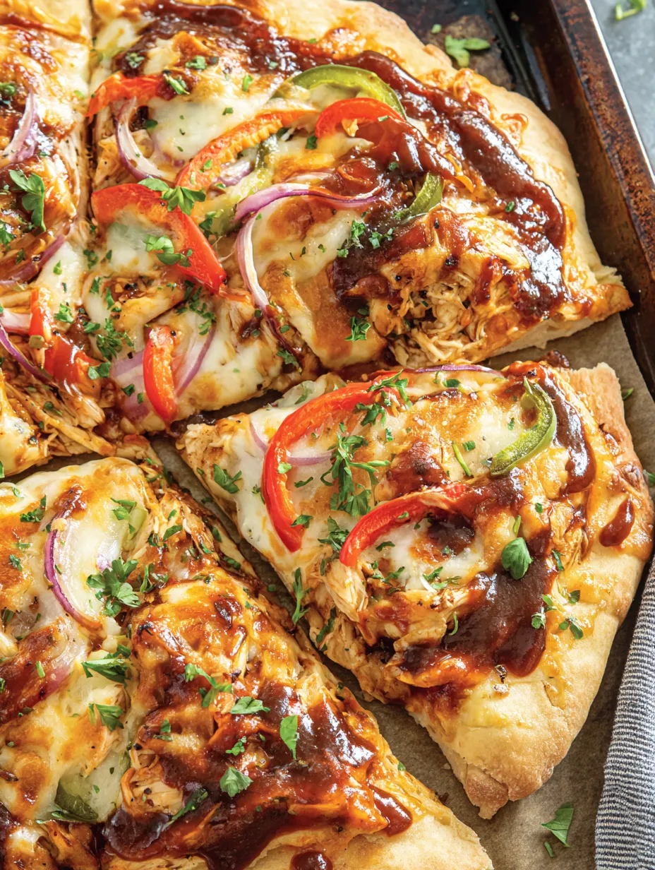 A pizza with BBQ chicken and peppers.