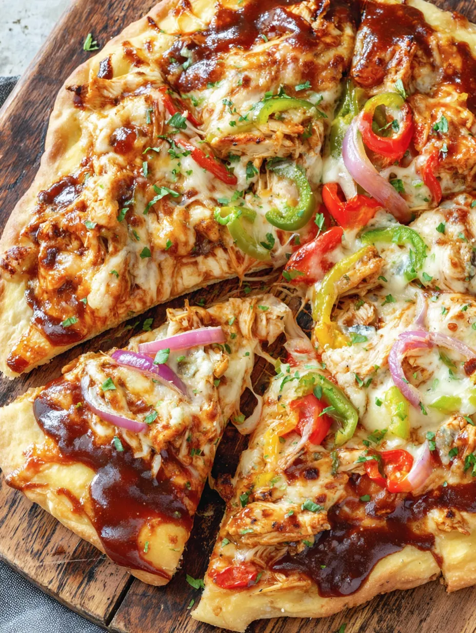 A BBQ chicken pizza with various toppings.