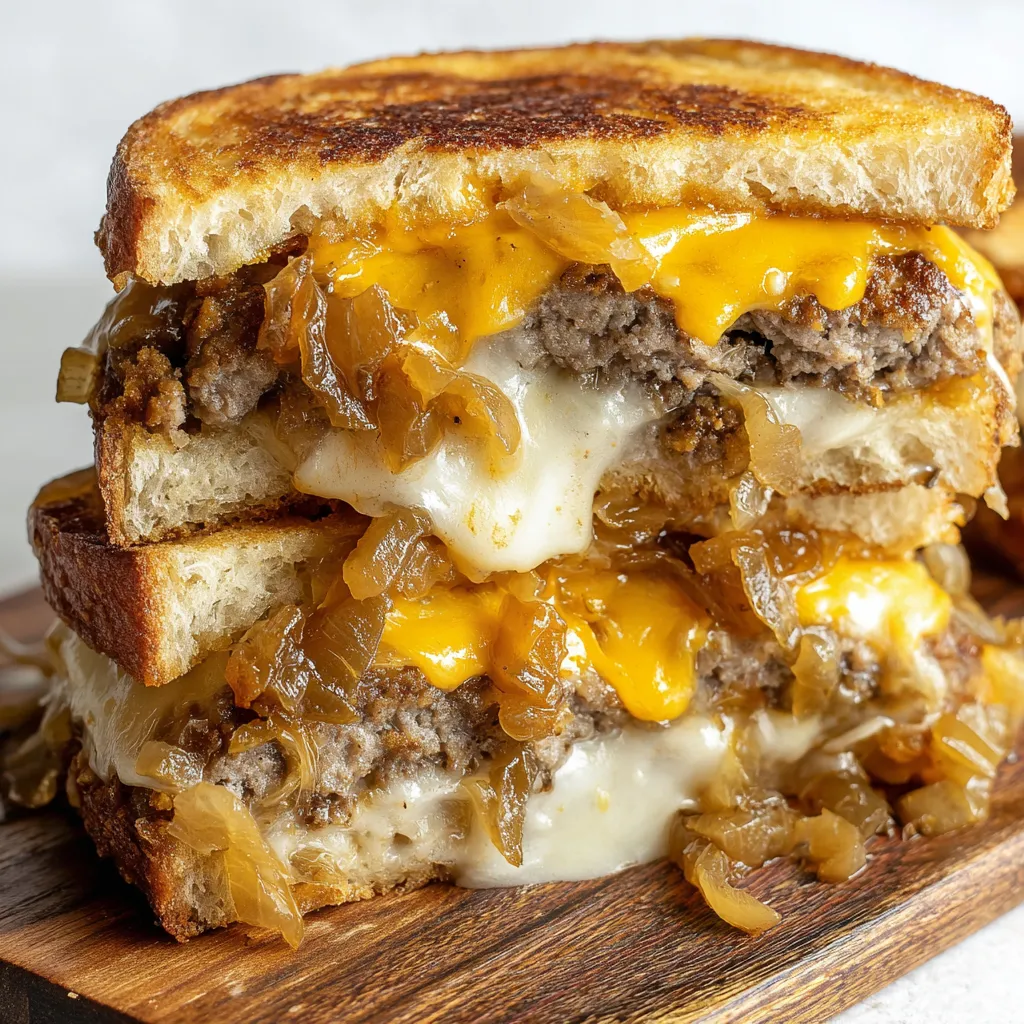 A chicken fried steak patty melt with cheese and onions.