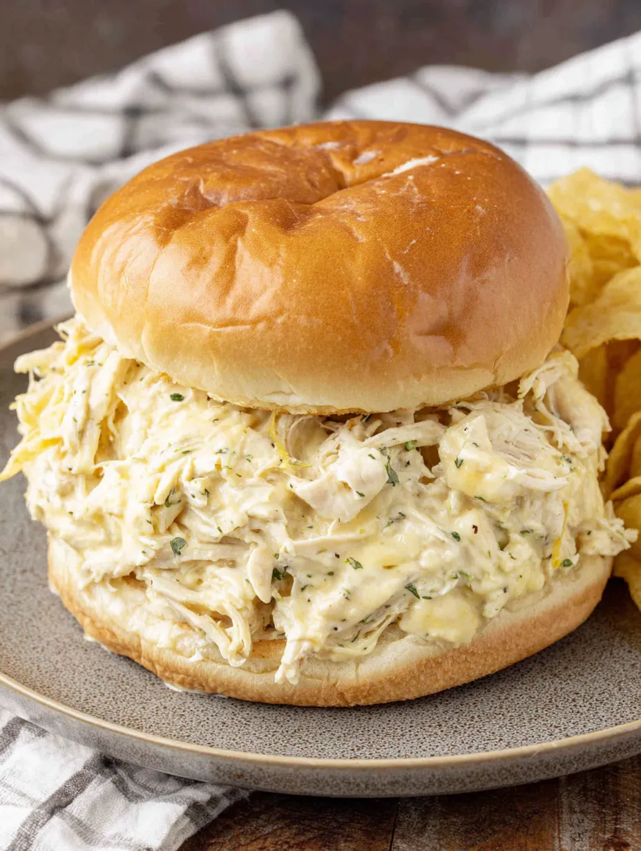 A sandwich with shredded chicken on top.