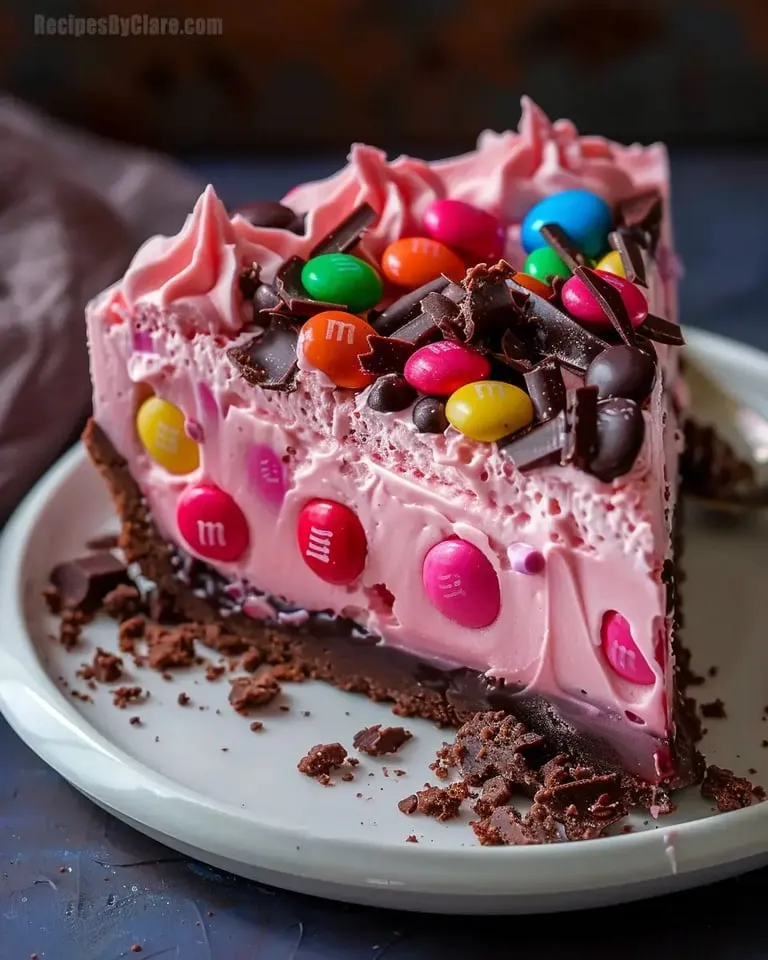 A slice of pink paradise no-bake cheesecake with M&M's and Snickers.