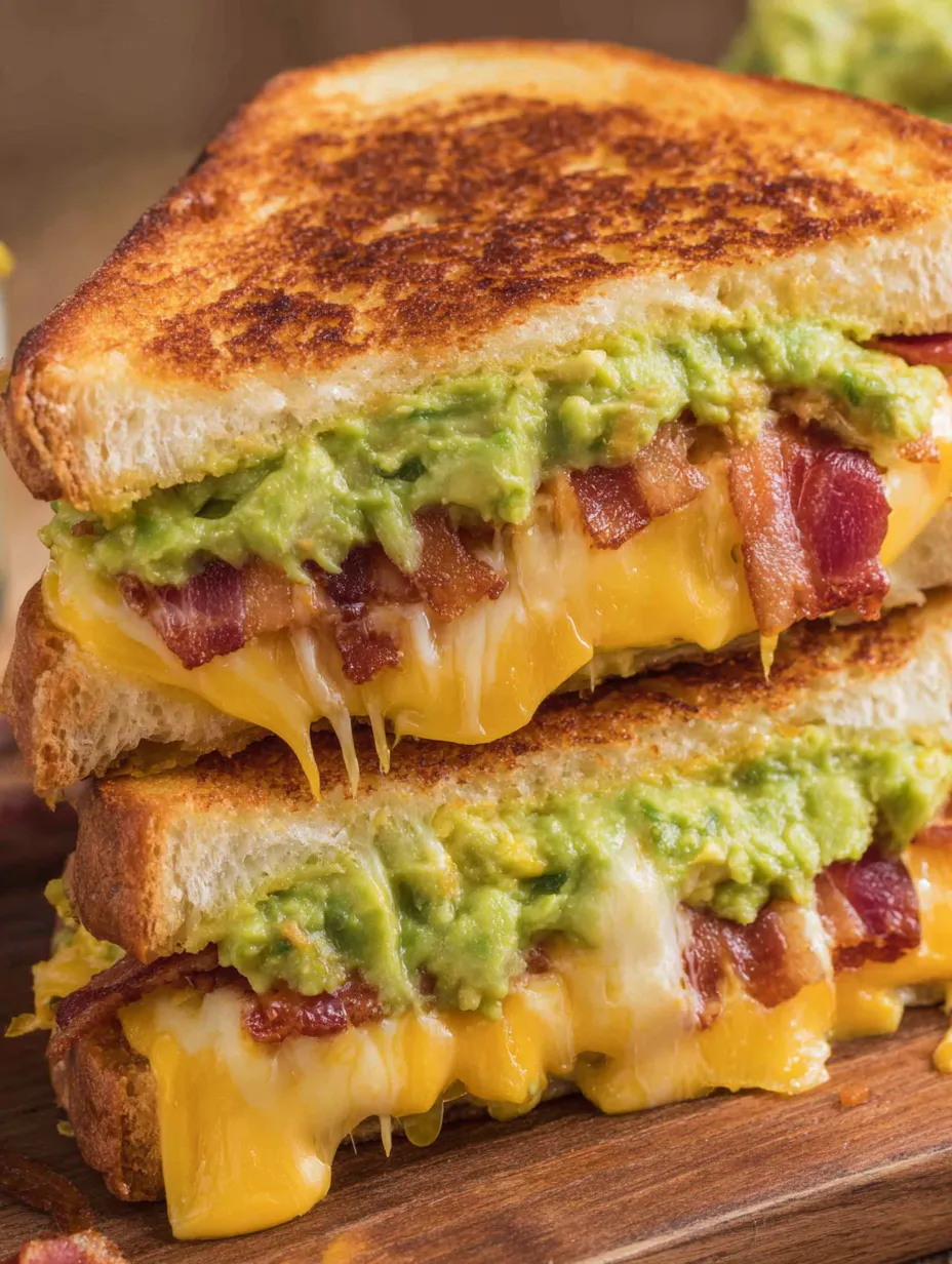 A grilled cheese sandwich with bacon and guacamole.