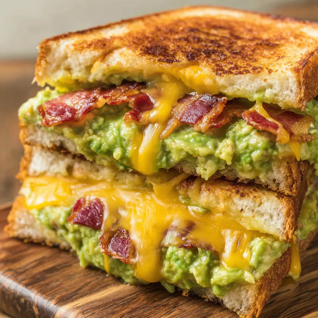 A grilled cheese sandwich with bacon and guacamole.