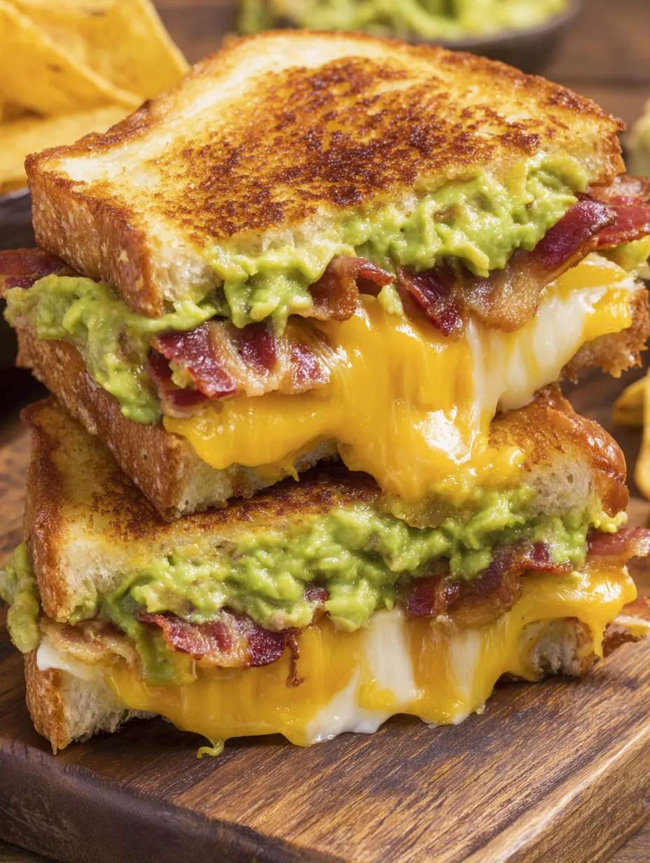 A stack of grilled cheese sandwiches with bacon and guacamole.