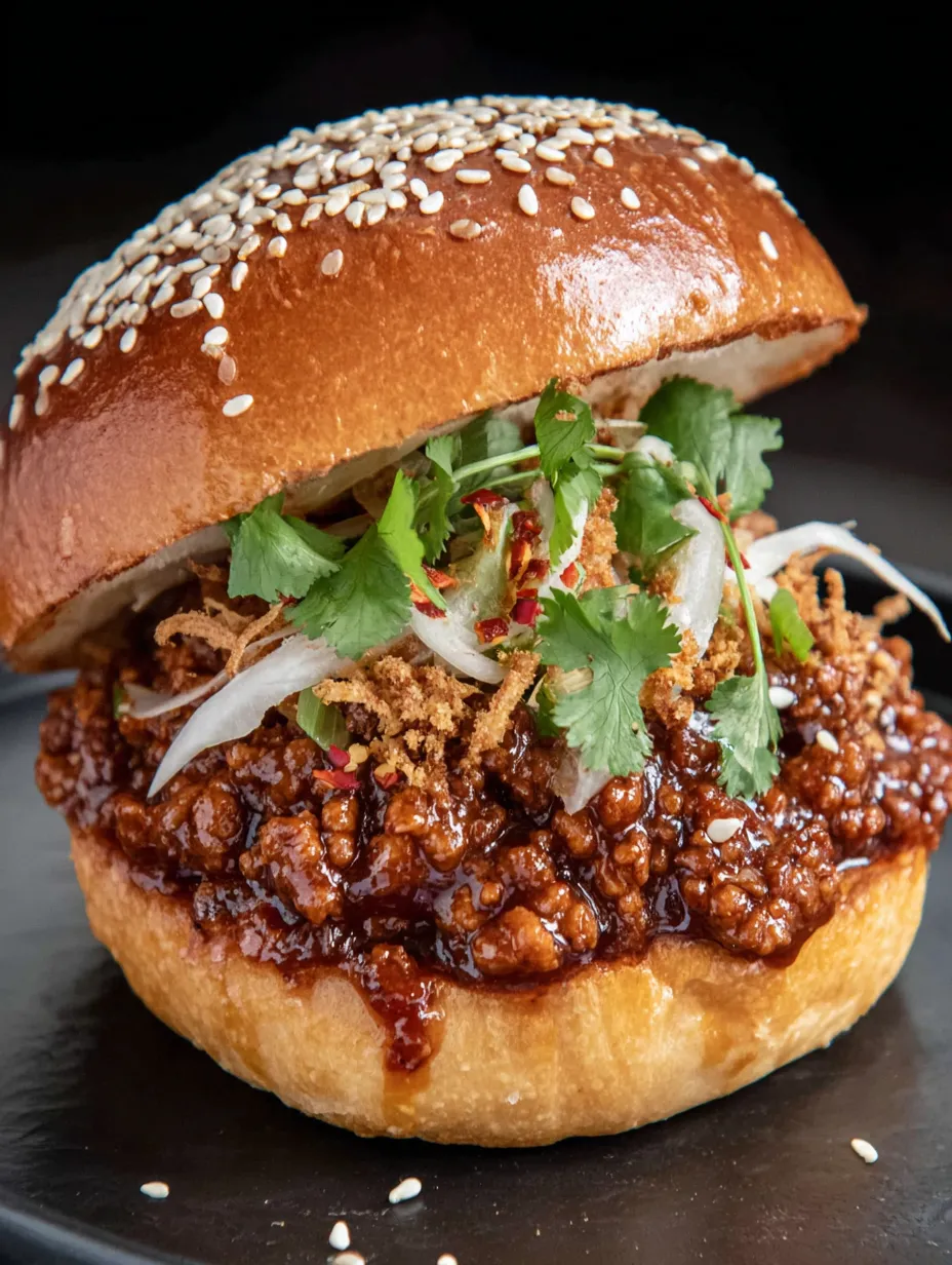 A sloppy joe sandwich with onions and peppers.