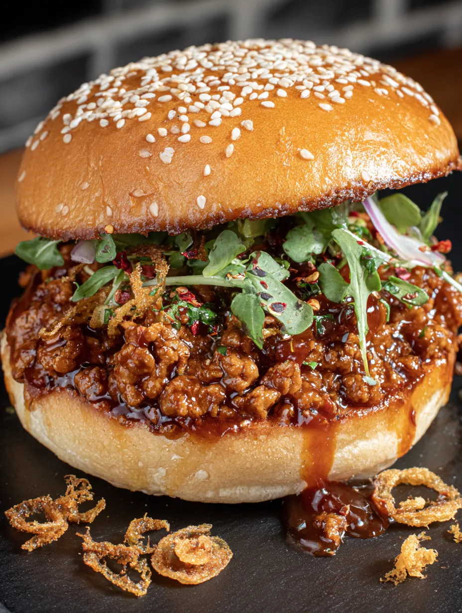 A sloppy joe sandwich with greens on top.