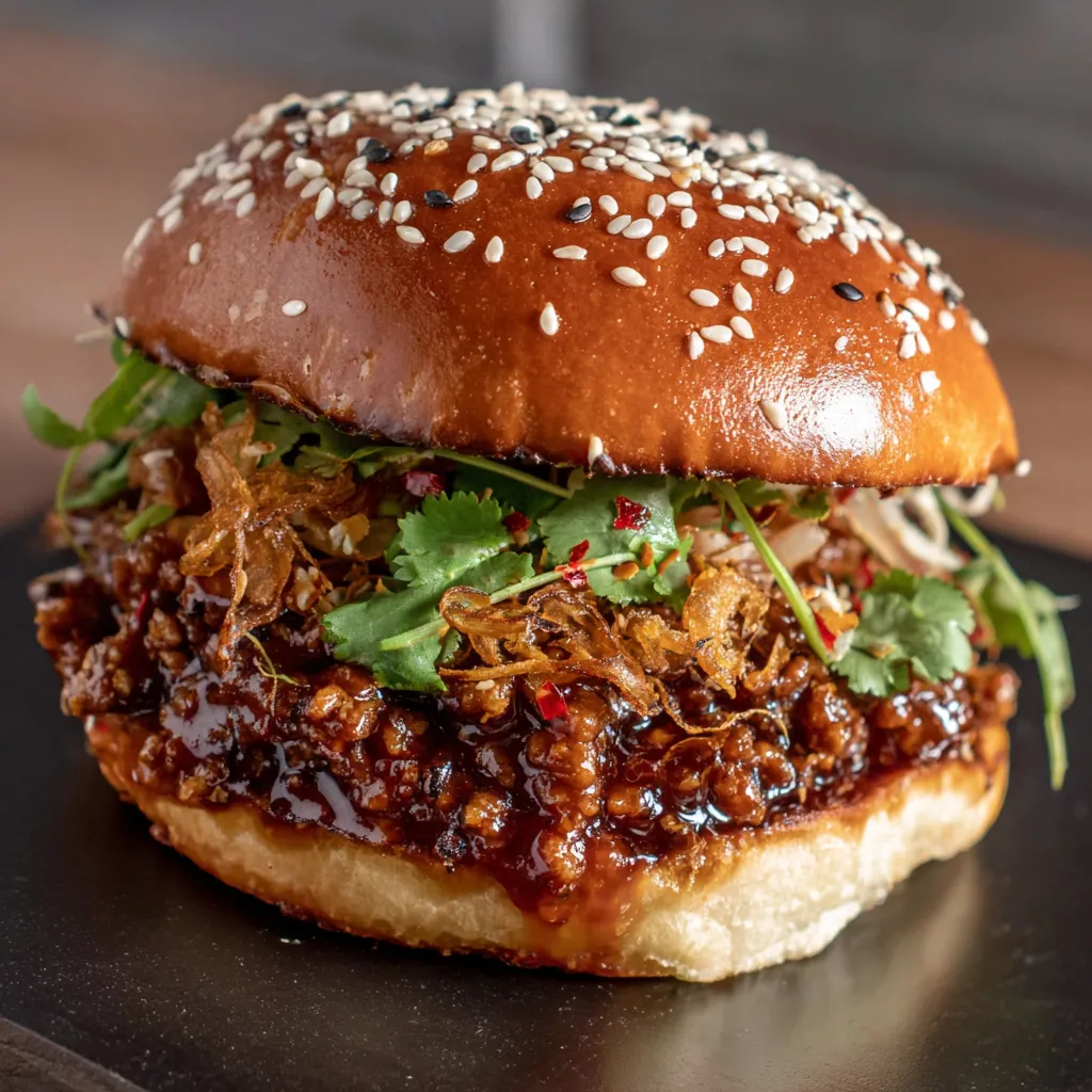 A sloppy joe sandwich with sesame seeds on top.