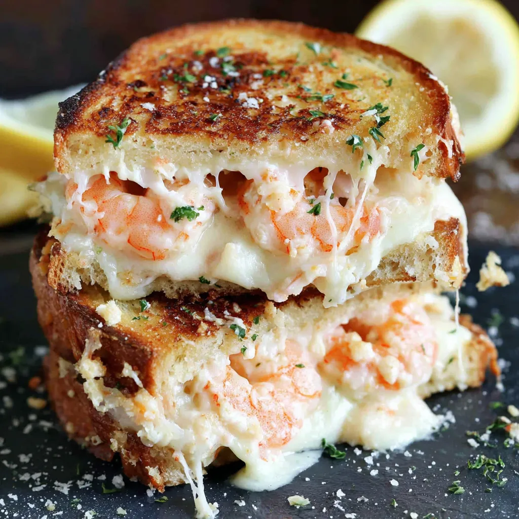 A grilled cheese sandwich with shrimp on top.