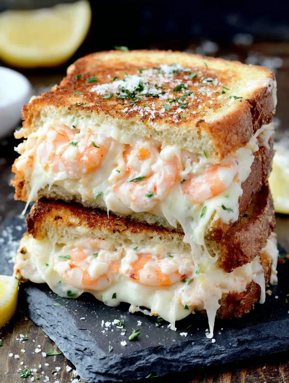 A grilled cheese sandwich with shrimp on top.